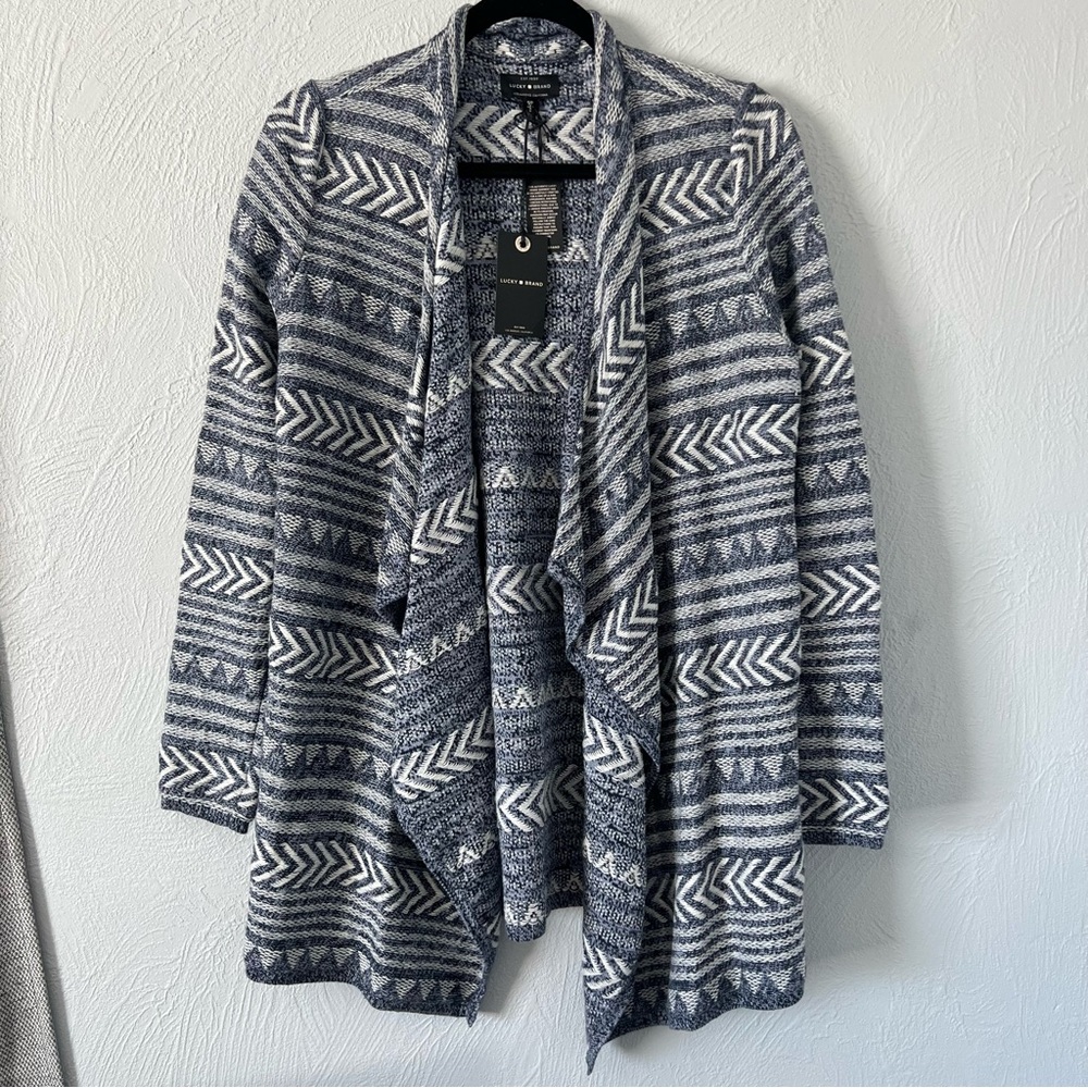 Lucky Brand Waterfall Cardigan Blue & White Aztec Pattern